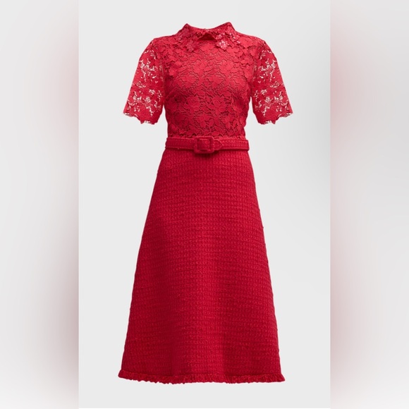Oscar de la Renta NWT Short-Sleeve Gardenia Guipure And Tweed Midi Dress - Picture 2 of 13